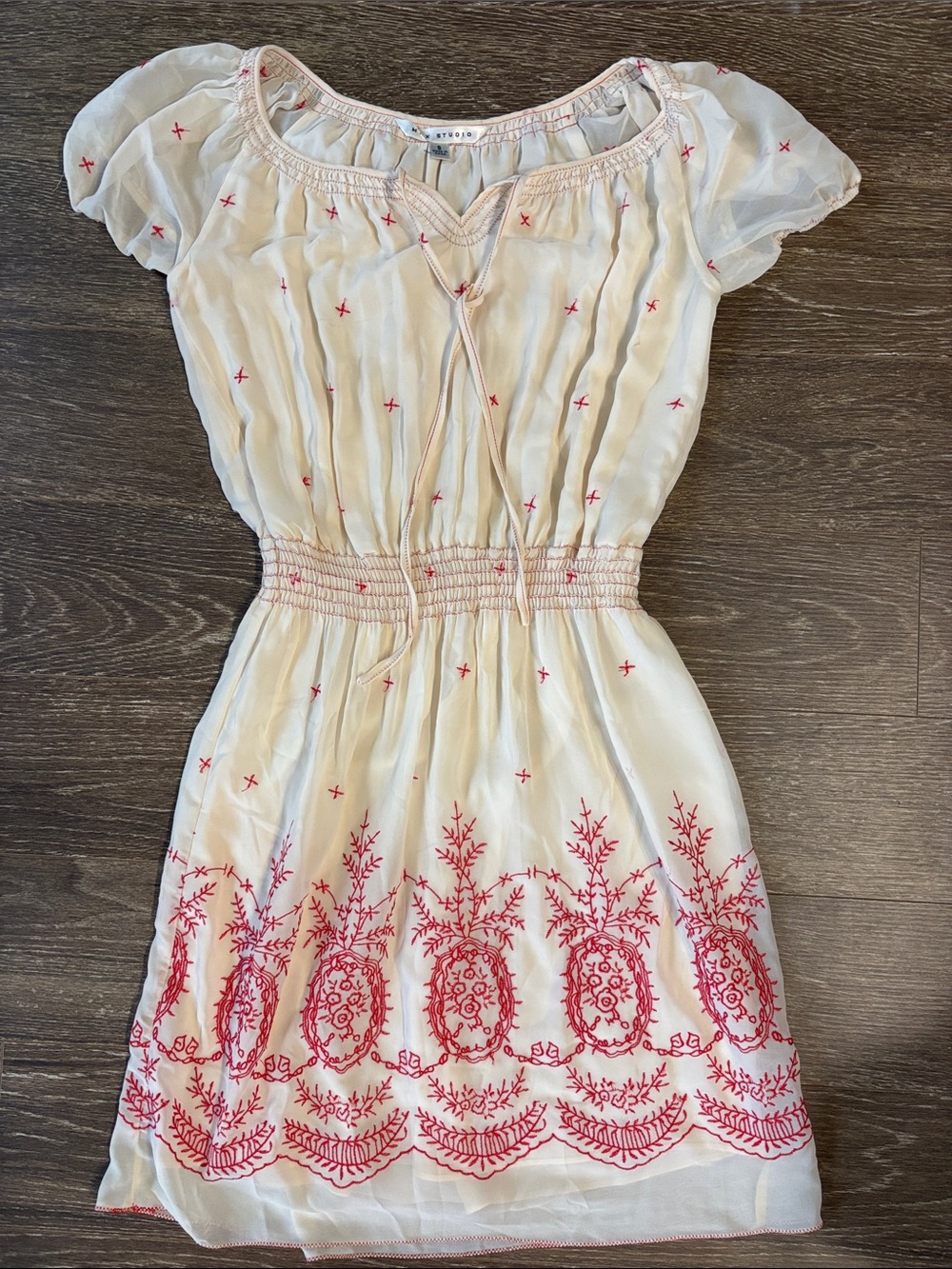 Max Studio Cream Mini Dress with Red Embroidery small